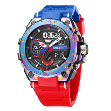 Montre enfant quartz waterproof alarme avec bracelet silicone bleu rouge et cadran irisé idéale pour déguisement carnaval