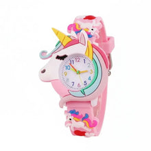 Montre licorne enfant rose avec crinière arc-en-ciel colorée et cadran blanc numéroté, adorable montre licorne