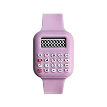 Montre numérique calculatrice pour enfants en silicone violet pastel avec boutons blancs idéale pour magasins de jouets