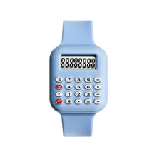Montre numérique calculatrice enfants en silicone bleu clair avec boutons blancs et touches rouges pour magasins de jouets