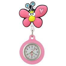 Montre de poche infirmière caoutchouc souple papillon rose avec cadran jaune facile à nettoyer pour personnel médical