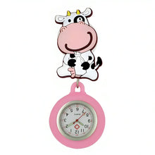Montre de poche en caoutchouc souple rose en forme de vache avec cadran analogique ronde idéale pour personnel médical facile à nettoyer
