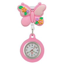 Montre de poche rose en caoutchouc souple avec clip papillon et cadran floral pour personnel médical facile à nettoyer