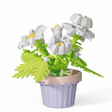 Nanoblock mini fleur blanche avec centres jaunes en briques plastiques dans pot rayé lavande idéal magasins de jouets