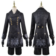 Manteau noir croisé avec boutons dorés et motifs blancs brodés pour nier automata cosplay sur mannequins