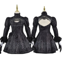 Robe noire en dentelle avec manches bouffantes, poignets en plumes et col haut pour costume nier automata cosplay