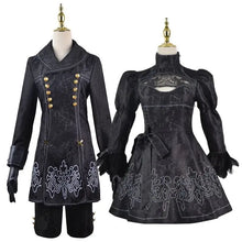 Ensemble cosplay nier automata noir en tissu damassé avec boutons dorés et broderies blanches détaillées