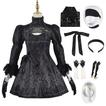 Robe noire en dentelle avec manches bouffantes et garniture en plumes pour cosplay nier automata