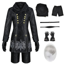 Costume cosplay nier automata en velours noir avec boutons dorés, broderies blanches, gants, veste, short et perruque assortis