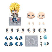 Figurine naruto minato chibi 10 cm jaune en tenue blanche et bleue avec base rouge pour collection manga ninjas