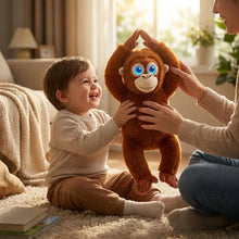 Peluche orang-outan interactive avec ia 40 cm en peluche marron aux yeux bleus lumineux et sourire avec volume réglable