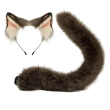 Kit oreilles et queue de chat halloween en fausse fourrure marron avec intérieur oreille blanc et rose pour déguisement carnaval