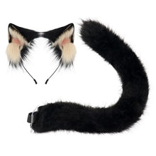 Kit oreilles chat halloween avec serre-tête oreilles noir et crème en fausse fourrure et queue noire assortie pour déguisement carnaval