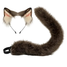 Kit oreilles et queue de chat halloween en fausse fourrure marron avec doublure blanche pour déguisement carnaval