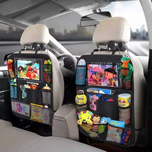 Organisateur de siège arrière pour voiture noir avec poches multiples et écran intégré affichant des personnages animés trois versions disponibles