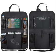 Organisateur de siège arrière pour voiture noir avec poches multiples, compartiments en mesh, écran clair et trois versions disponibles