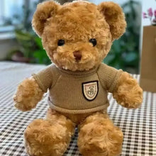 Peluche ours light brown avec pull beige en tricot et patch brodé idéale déguisement carnaval 30 cm