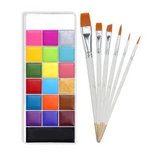 Palette de maquillage artistique visage et corps 20 couleurs avec pinceaux blancs à poils orange et peintures vives