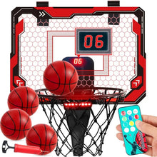Panier basket-ball d’intérieur rouge et noir avec compteur électronique, effets lumineux, mini ballons rouges et télécommande