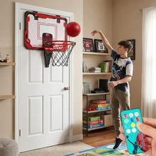 Panier basket-ball d’intérieur rouge et noir avec compteur électronique et effets lumineux monté sur une porte blanche