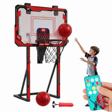 Panier basket-ball d’intérieur rouge et noir avec compteur électronique, effets lumineux, mini ballons et filet inclus