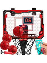 Panier basket-ball d’intérieur rouge et noir avec compteur électronique, effets lumineux led et mini ballons inclus