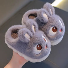 Pantoufles lapin unisexe enfant en peluche grise avec yeux brodés marron et joues roses