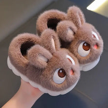 Pantoufles lapin unisexe enfant en peluche marron doux avec yeux brodés et joues roses