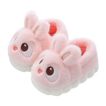 Pantoufles lapin unisexe enfant roses en peluche douce avec yeux brodés et semelles blanches festonnées
