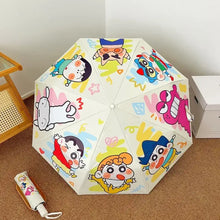 Parapluie automatique crayon shin-chan avec motifs multicolores et fond clair présentant personnages cartoon éclatants