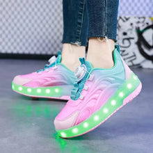 Chaussures à roulettes deux roues avec led dégradé rose et teal et roues intégrées lumineuses pour déguisement carnaval