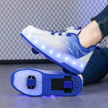 Chaussures à roulettes bleu et blanc avec roues intégrées et leds sur la semelle parfaites pour déguisement carnaval