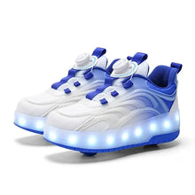 Chaussures à roulettes blanches et bleues avec roues intégrées et bandes velcro ajustables pour déguisement carnaval