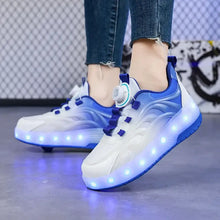 Chaussures à roulettes deux roues bleu et blanc à leds intégrées avec un design moderne pour déguisement carnaval