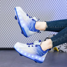 Chaussures à roulettes deux roues bleues et blanches avec roues intégrées et éclairage led pour déguisement carnaval