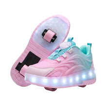 Chaussures à roulettes deux roues en dégradé rose et bleu clair avec roues intégrées et leds idéales pour déguisement carnaval