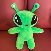 Peluche alien vert doux de 30 cm avec yeux noirs à pupilles blanches et antennes bleues et blanches