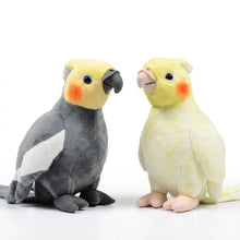 Deux peluches animal perruche calopsitte 18cm en gris avec plumes blanches et orange et jaune pâle avec pieds roses