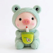 Peluche cochon cosplay animaux vert menthe en peluche avec capuche grenouille tenant une tasse avocat vert clair
