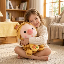 Peluche cochon cosplay animaux tigre jaune et marron avec motif tranche d’orange sur le ventre