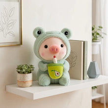 Peluche cochon cosplay animaux vert menthe douce en peluche portant un capuchon grenouille et tenant un gobelet avocat vert vif