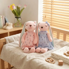 Deux peluches lapin longues oreilles en robe rose à fleurs et robe bleue claire avec petits nœuds sur les oreilles
