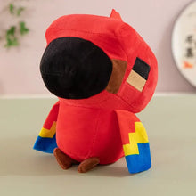 Peluche minecraft creeper de 25cm en forme de perroquet rouge avec visage noir et ailes pixelisées jaunes et bleues