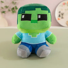Peluche minecraft creeper verte avec yeux pixelisés noirs, chemise bleue clair et pieds gris, 25 cm