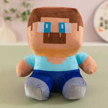 Peluche minecraft steve de 25 cm avec cheveux marron yeux bleus et barbe portant une chemise bleue claire pantalon bleu foncé