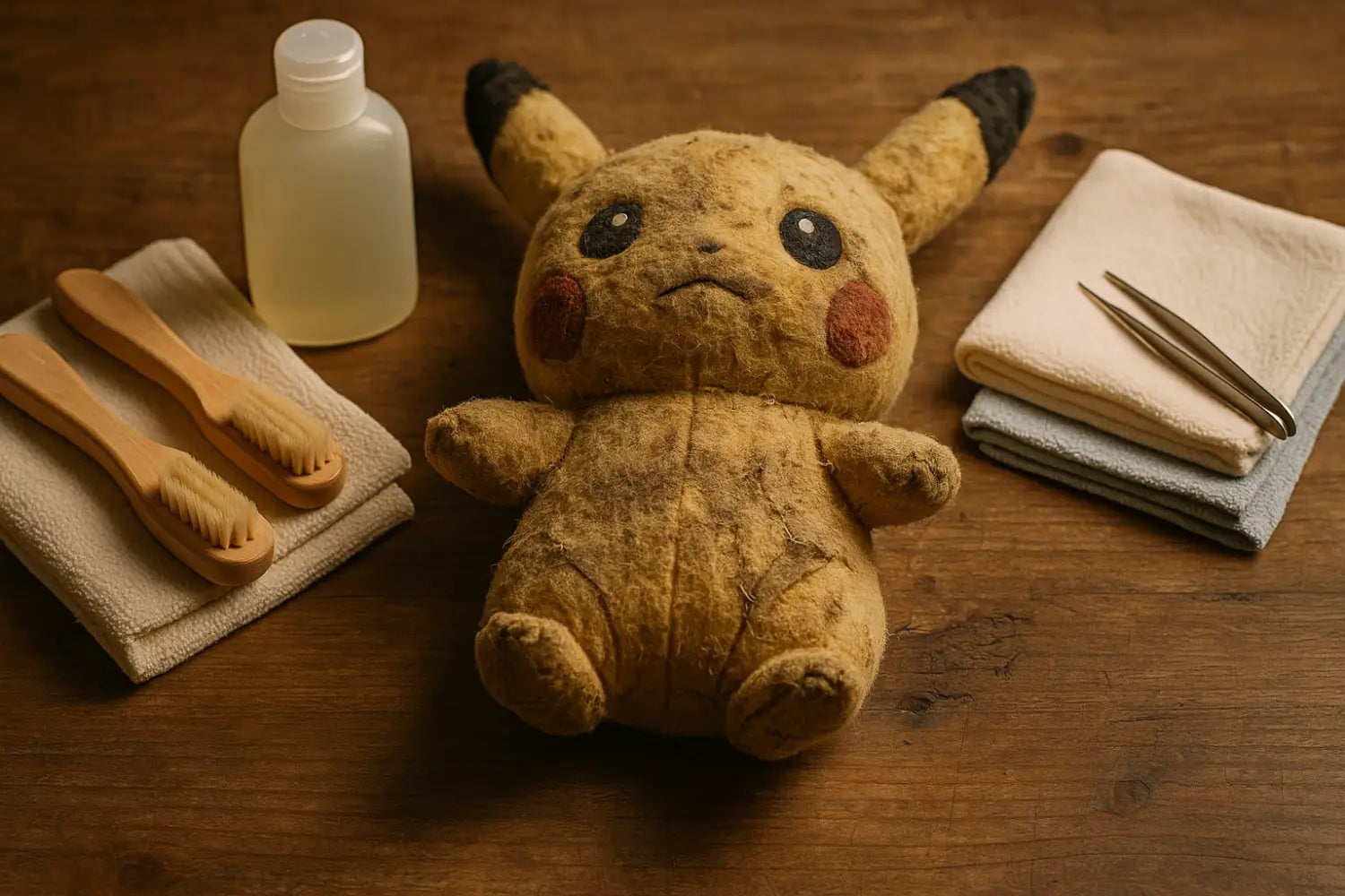 Peluche pokemon sale et en mauvaise etat étalée sur une table avec brosses, savon doux et pinces.
