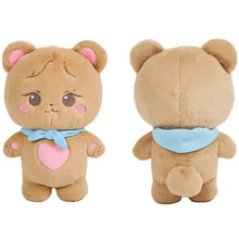 Peluche ours tan avec oreilles roses joues roses et noeud bleu clair dans peluches animaux mignons kpop