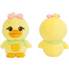Peluche animaux mignons kpop canard jaune doux avec nœud rose et écharpe vert clair dans peluches animaux mignons