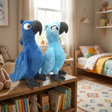 Deux peluches perroquet bleu de dessin animé de 30 cm en royal blue et bleu clair avec becs et pieds noirs