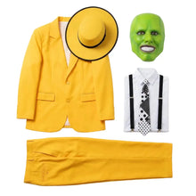 Déguisement the mask pour adulte avec costume jaune vif, chapeau noir bordé et accessoire masque vert